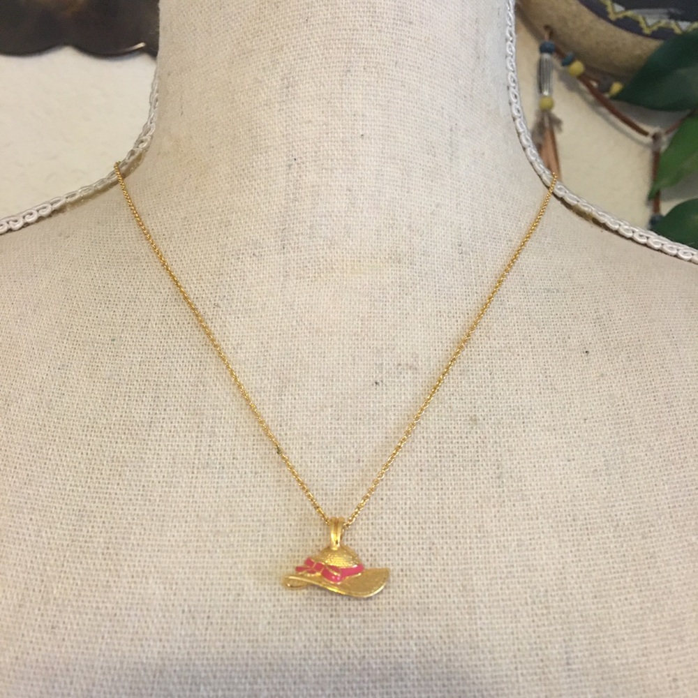 Vintage 80s pink enamel hat pendant on chain